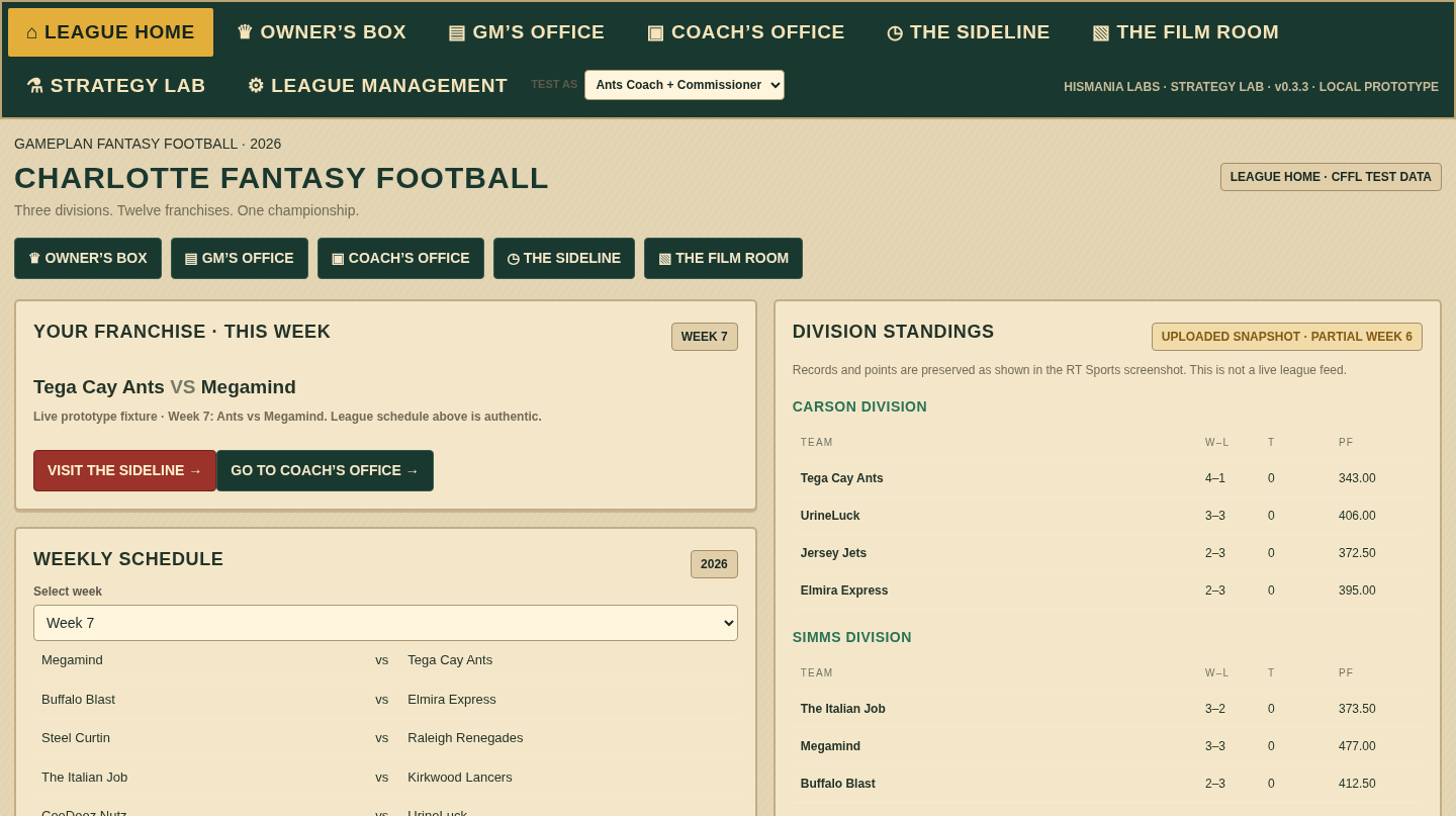 GAMEPLAN prototype League Home: your franchise this week, the weekly schedule, and division standings.