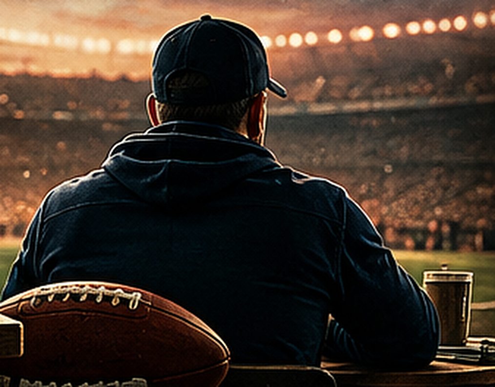 A manager in a ballcap sits at a table with a football and a coffee, looking out over a stadium at dusk.